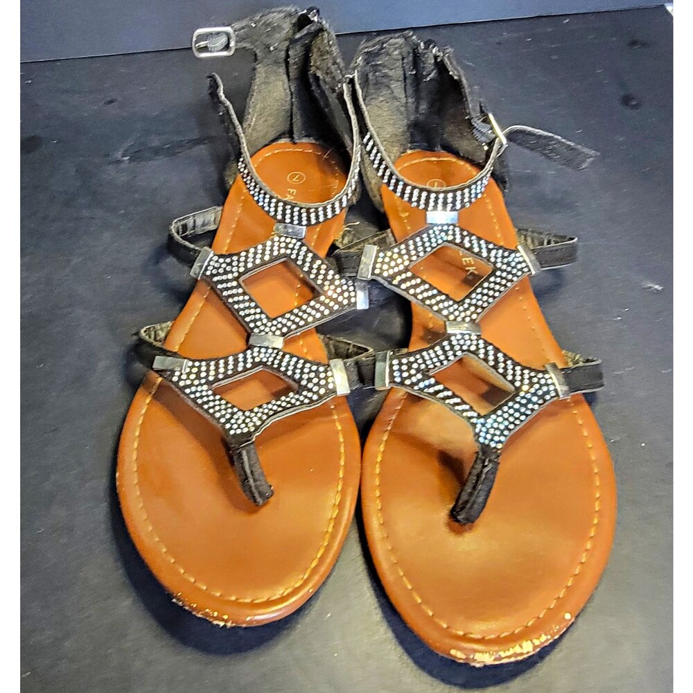Falls Creek Women's Black Strappy Thong Ankle Strap Rhinestone Sandals Sz 7